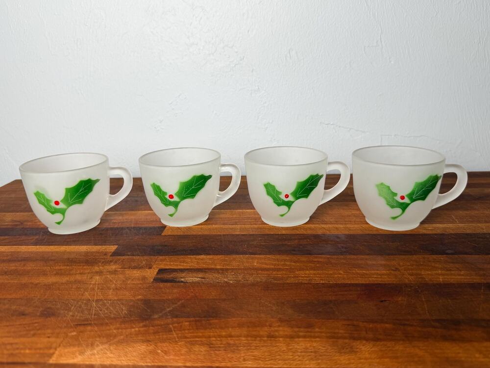 Vintage Federal Glass Holly Berry Punch Cups | Frosted Satin Glassware